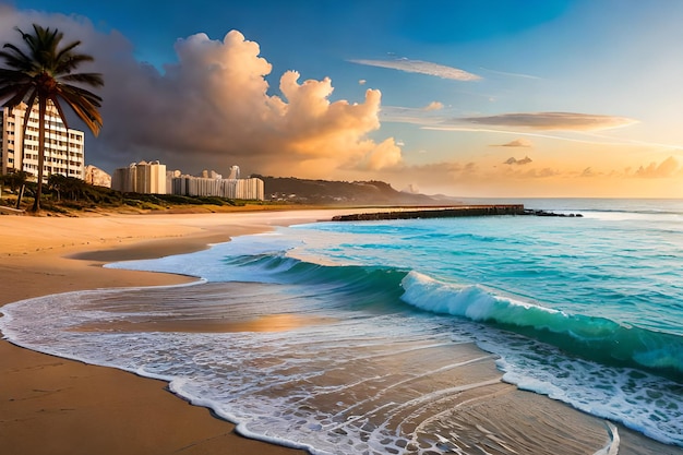 A beach with a cloudy sky and waves crashing on the sand