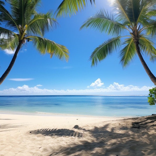 A beach with coconut tree clear water sunset time