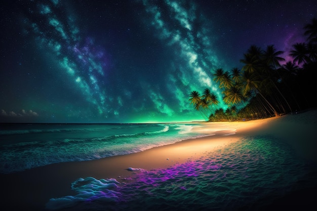 A beach with a colorful sky and the stars