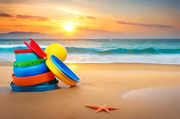 A beach with colorful toys on it and a star on the background
