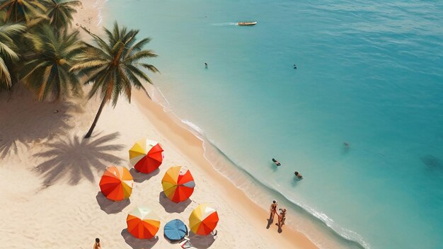 Photo a beach with colorful umbrellas and people in the water