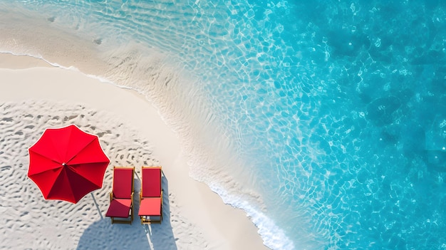 A beach with crystal clear waters with an umbrella and hammocks