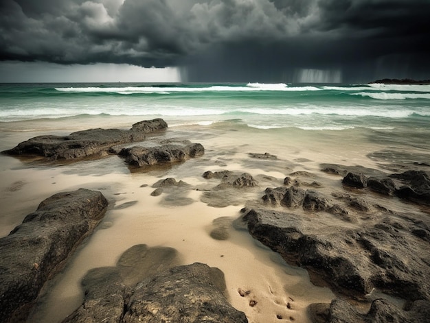 A beach with a dark sky and a storm coming in.