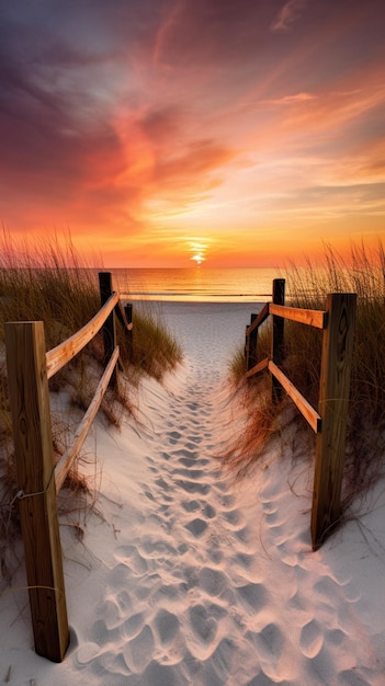 A beach with a fence and a sunset