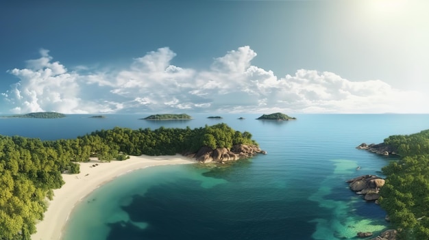 A beach with a few islands in the distance