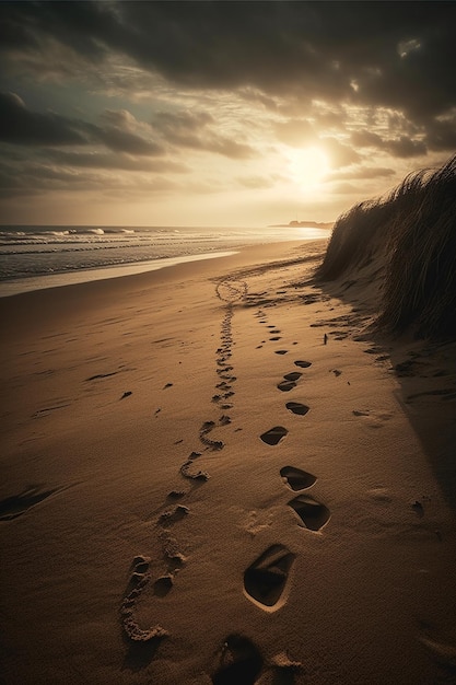 A beach with footprints in the sand and the sun setting behind it