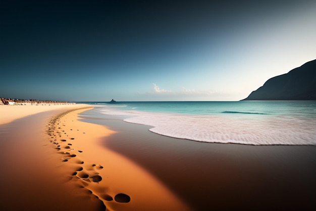 A beach with footprints in the sand and the sun setting.