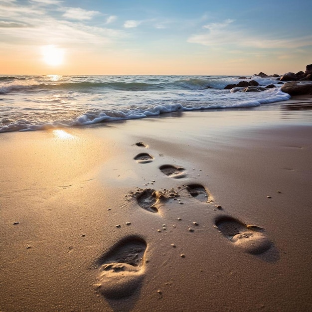 a beach with footprints in the sand and the sun behind them.