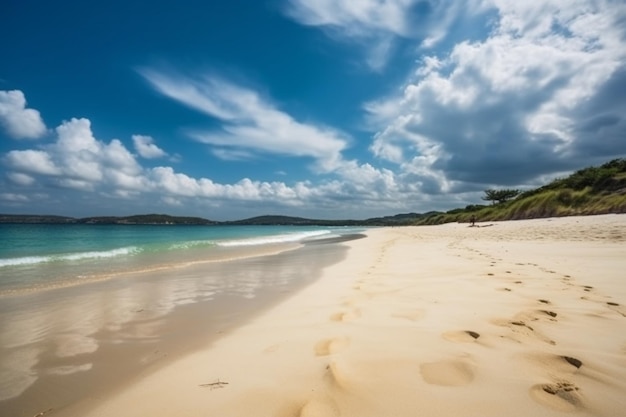 A beach with footprints in the sand