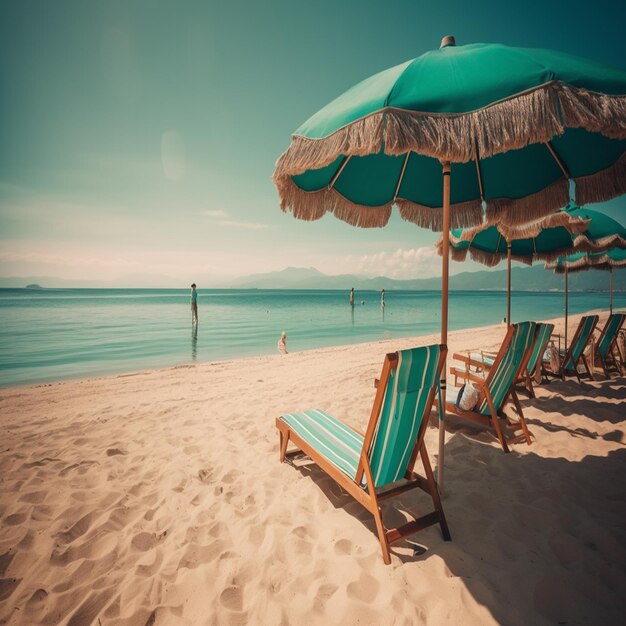 a beach with a green and blue umbrella and a blue sky.