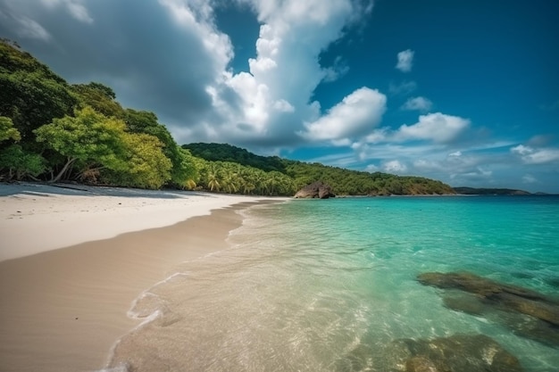 A beach with a green forest in the background