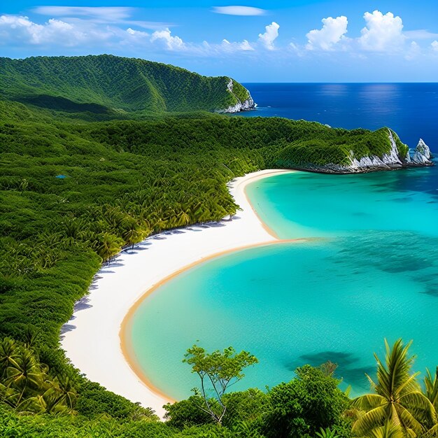 A beach with a green forest and a white sand beach.