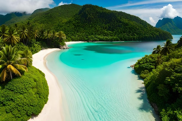 A beach with a green mountain in the background