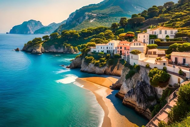 A beach with houses on the cliff