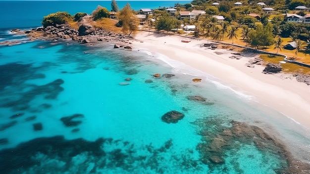 A beach with houses and trees