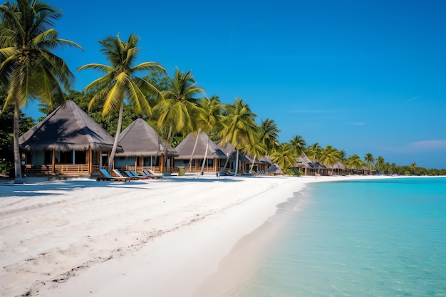 A beach with huts and palm trees