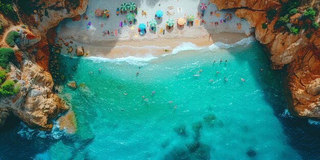 Photo a beach with a large body of water and many people in the water