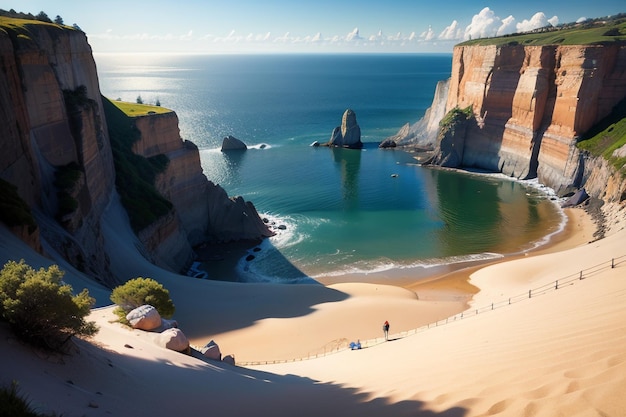 A beach with a large cliff and a lighthouse on the right