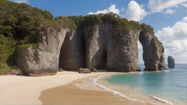 a beach with a large rock formation in the middle of it