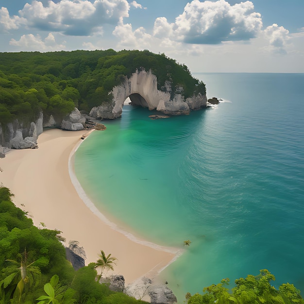 Photo a beach with a large rock formation in the water