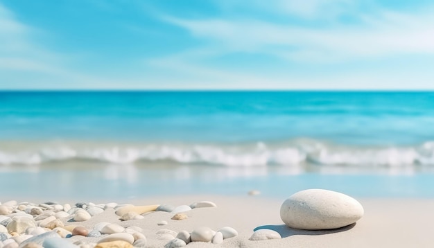 A beach with a large rock on the sand