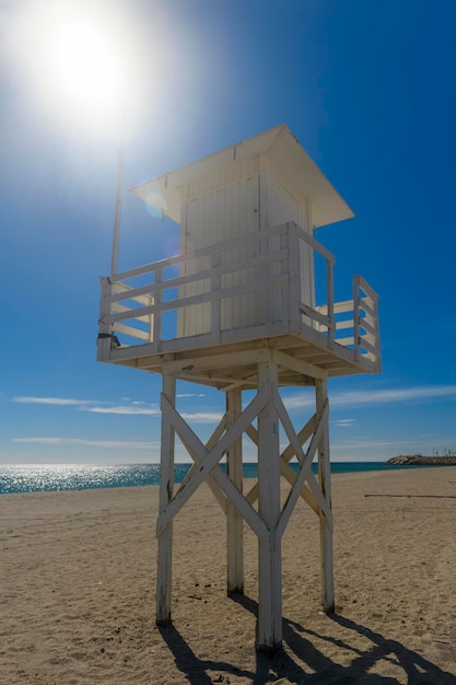 Beach with lifeguard hut all ready for summer No people