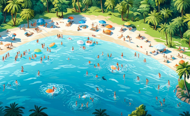 a beach with a lot of people illustration style