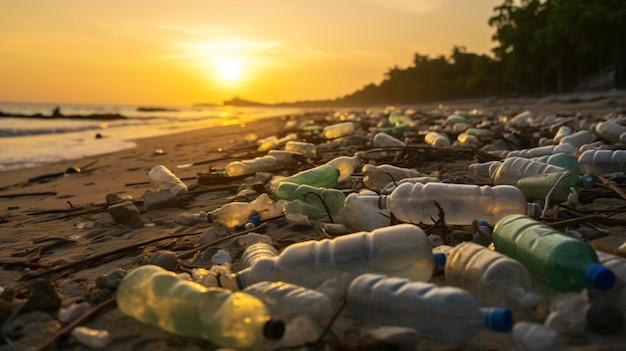 a beach with a lot of plastic bottles on it