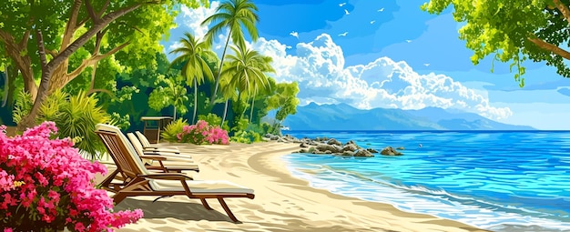 Photo beach with lounge chairs trees and palms in the style luxurious tropical landscapes