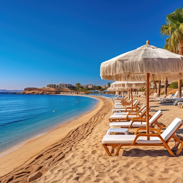 a beach with lounge chairs and umbrellas on the sand