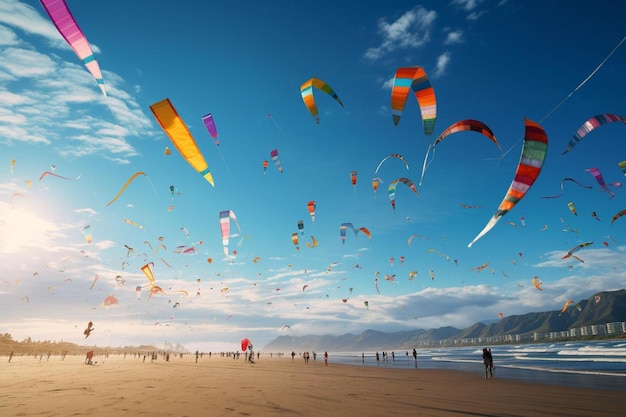 a beach with many colorful kites flying in the sky.