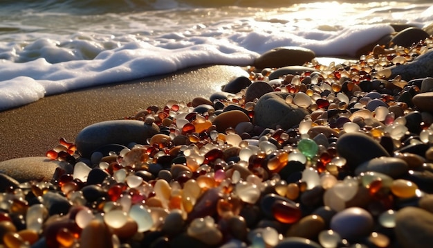 Пляж с множеством разноцветных камешков и стеклянных камешков.