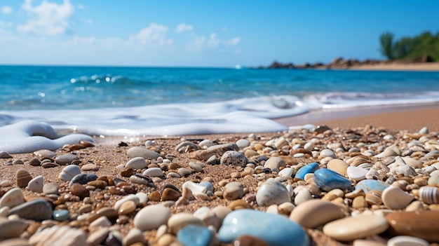 Foto una spiaggia con tanti ciottoli colorati e l'oceano sullo sfondo