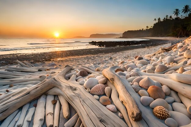 Photo a beach with many shells and driftwood on the beach.