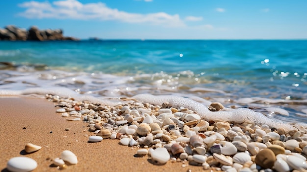 a beach with many shells and pebbles on it