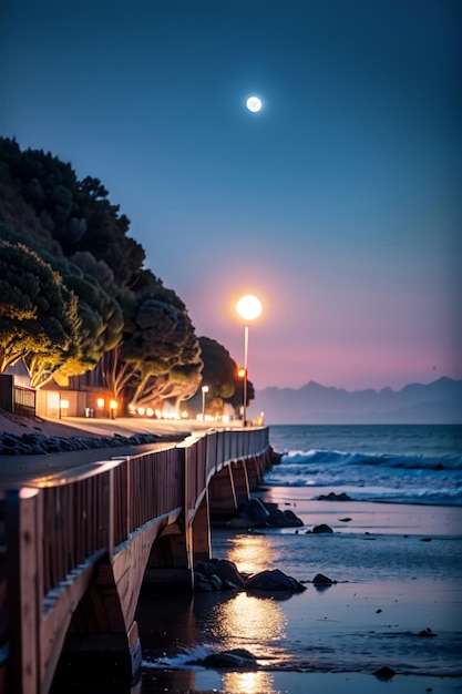 A beach with a moon and a light on it