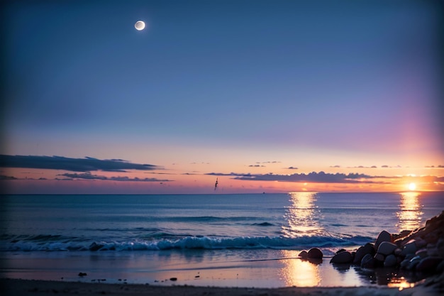 A beach with a moon in the sky and the ocean in the background