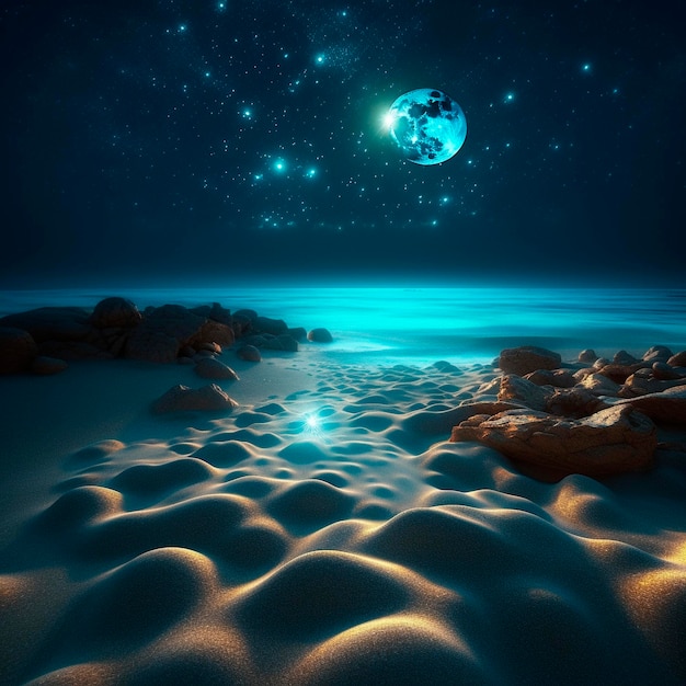 A beach with a moon and the stars on it