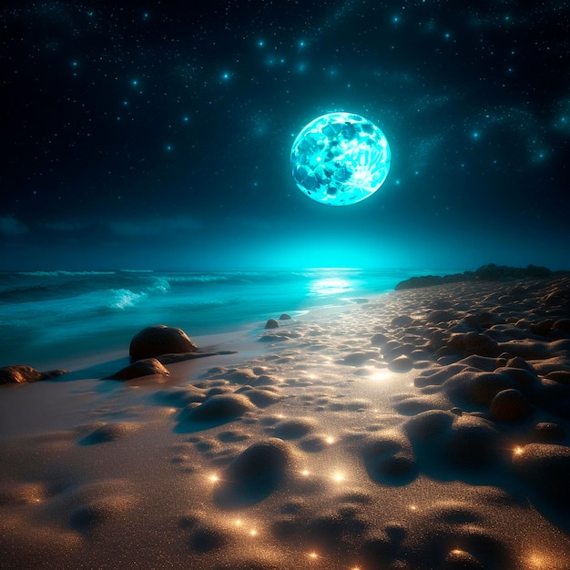 A beach with a moon and the stars on it