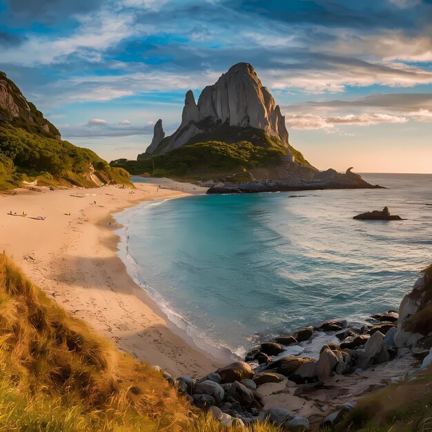 Photo a beach with a mountain in the background and a beach scene with people on the beach