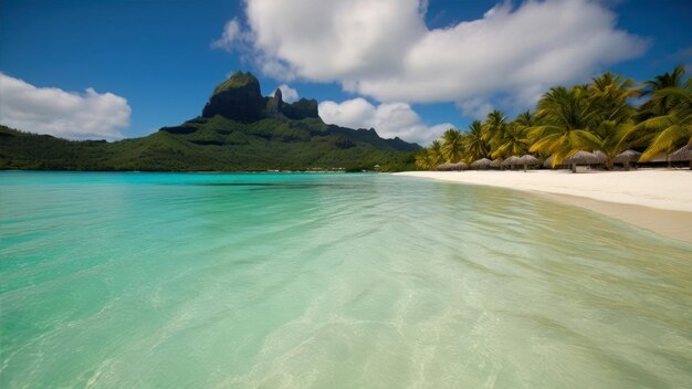 A beach with a mountain in the background