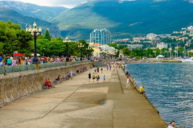 A beach with a mountain in the background