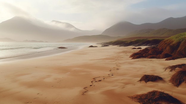 A beach with a mountain in the background