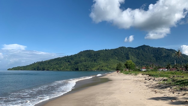 A beach with a mountain in the background