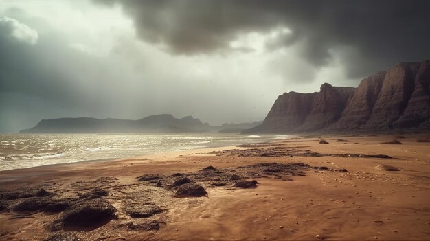 A beach with a mountain in the background