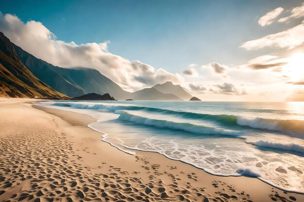 Photo a beach with a mountain in the background