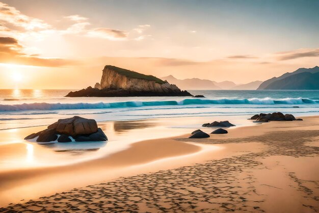 Photo a beach with a mountain in the background