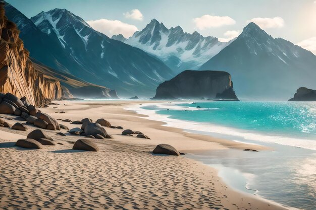 Photo a beach with a mountain in the background