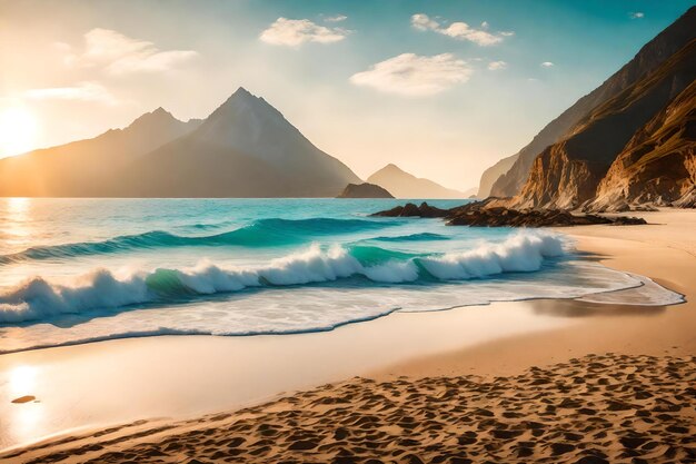 Photo a beach with a mountain in the background