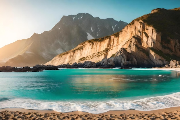 a beach with a mountain in the background